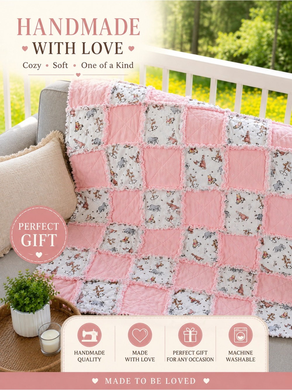 Handmade Pink Patchwork Baby Quilt - Cozy Nursery Blanket
